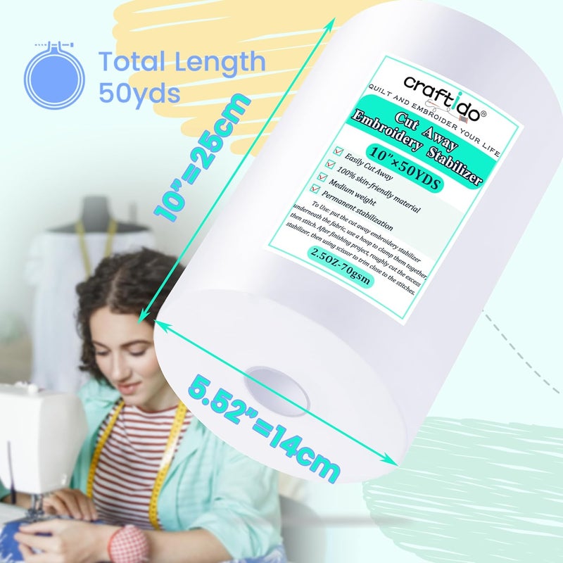 craftido Cut Away Embroidery Stabilizer Backing 10" x 50 Yd/roll Compatible with Most Hoops 2.5oz Medium Weight for Machine Embroidery and Hand Sewing - Image 2